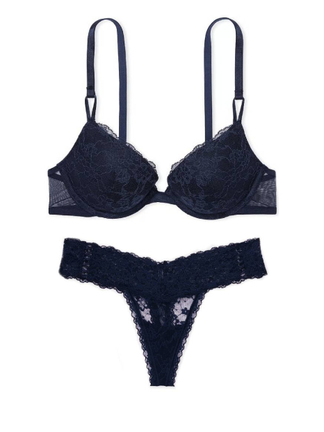 Мереживний комплект білизни Victoria's Secret погруддя Push-Up та трусики тонг 1159839625 (Синій 34B/S)
