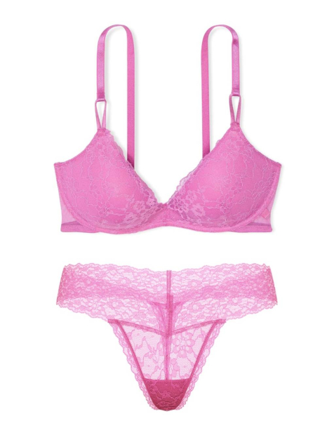 Мереживний комплект білизни Victoria's Secret бюстгальтер Push-up та трусики тонг 1159840052 (Рожевий 34B/S)