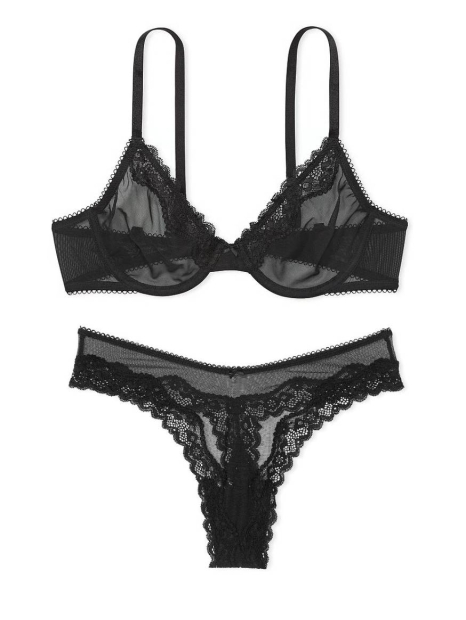 Комплект белья с кружевной отделкой Victoria's Secret лиф и трусики тонг 1159842934 (Черный 32C/S)