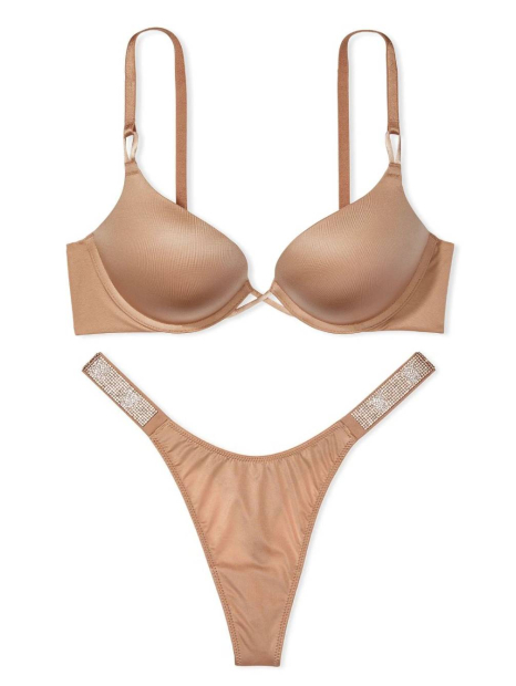 Гладкий комплект белья Victoria's Secret бюст Push-Up и трусики тонг со стразами 1159840075 (Бежевый 32B/S)