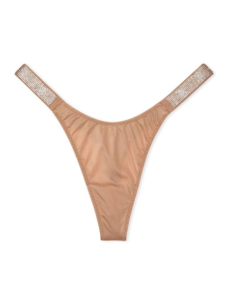 Гладкий комплект белья Victoria's Secret бюст Push-Up и трусики тонг со стразами 1159840075 (Бежевый 32B/S)