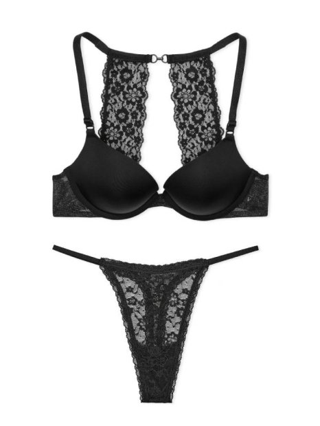 Комплект білизни Victoria's Secret погруддя Push-up з паєтками та трусики тонг 1159840080 (Чорний 34C/M)