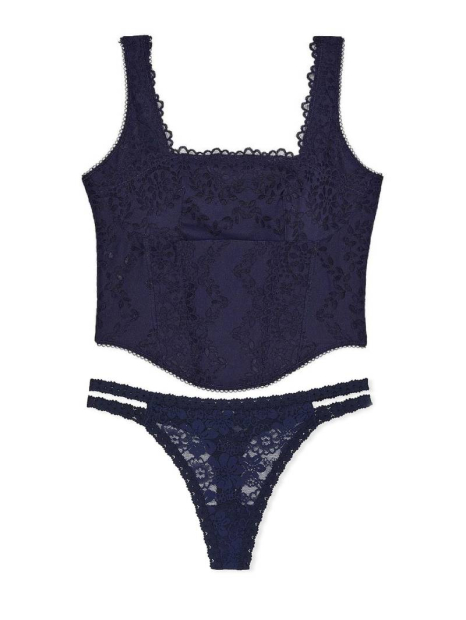 Мереживний комплект білизни Victoria's Secret Pink корсетний топ та трусики тонг 1159840110 (Синій S)