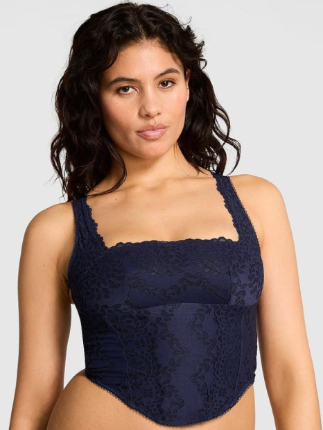 Мереживний комплект білизни Victoria's Secret Pink корсетний топ та трусики тонг 1159840110 (Синій S)