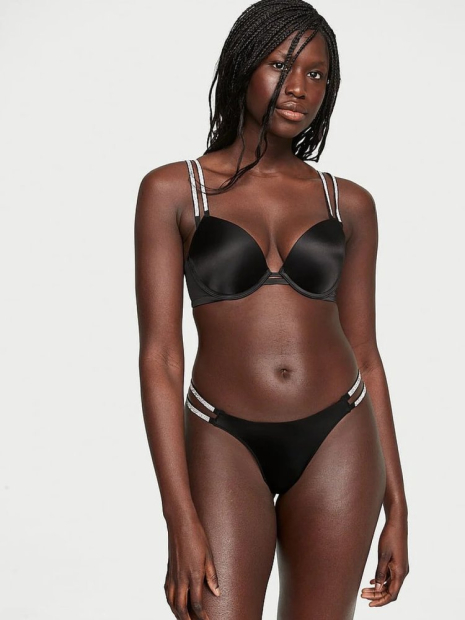 Комплект білизни зі стразами Victoria's Secret ліф Push-up та трусики тонг 1159840127 (Чорний 32C/S)