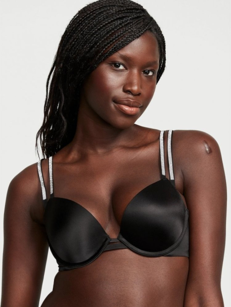 Комплект білизни зі стразами Victoria's Secret ліф Push-up та трусики тонг 1159840127 (Чорний 32C/S)