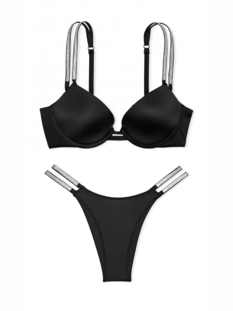 Комплект белья со стразами Victoria's Secret лиф Push-up и трусики бразильяны 1159840131 (Черный 32B/XS)