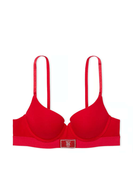 Комплект белья с логотипом из страз Victoria's Secret лиф Push-up и трусики танга 1159840233 (Красный 34A/XS)