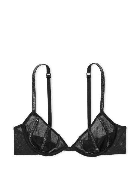 Эффектный комплект белья Victoria's Secret лиф и трусики тонг со стразами 1159840434 (Черный 38C/L)
