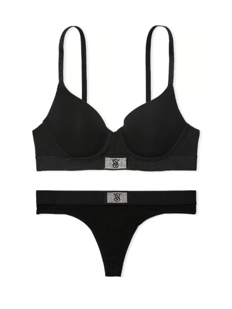 Женский комплект белья со стразами Victoria's Secret лиф и трусики тонг 1159840742 (Черный 34C/M)