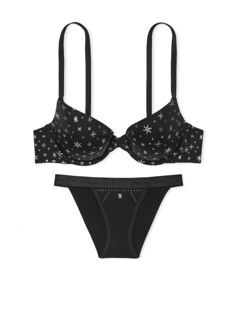 Гладкий комплект белья Victoria's Secret бюст с принтом и трусики танга со стразами 1159840942 (Черный 36G/L)