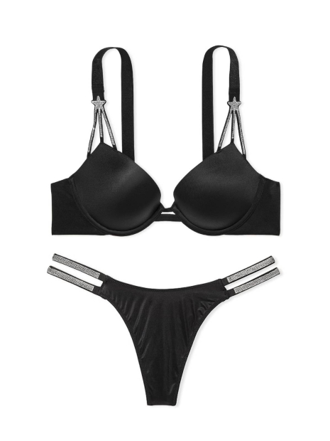 Шикарный комплект белья со стразами Victoria's Secret бюст Push-Up и трусики тонг 1159841625 (Черный 32C/S)