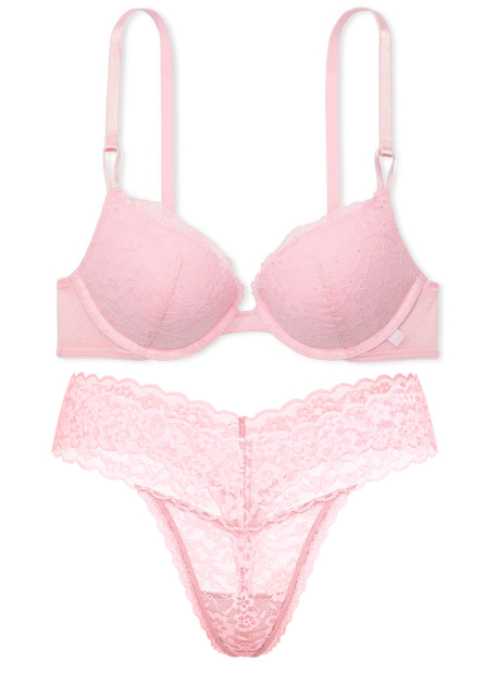 Кружевной комплект белья Victoria's Secret лиф Push-Up с пайетками и трусики тонг 1159841720 (Розовый 36B/M)