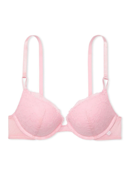 Кружевной комплект белья Victoria's Secret лиф Push-Up с пайетками и трусики тонг 1159841720 (Розовый 36B/M)