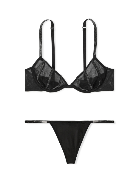 Эффектный комплект белья Victoria's Secret бюст и трусики стринги со стразами 1159842281 (Черный 40C/XL)