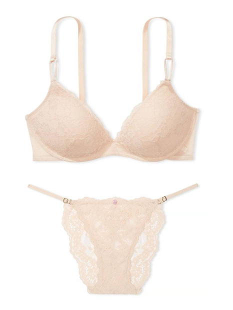 Кружевной комплект белья Victoria's Secret бюстгальтер Push-up и трусики бикини 1159842463 (Бежевый 38B/L)