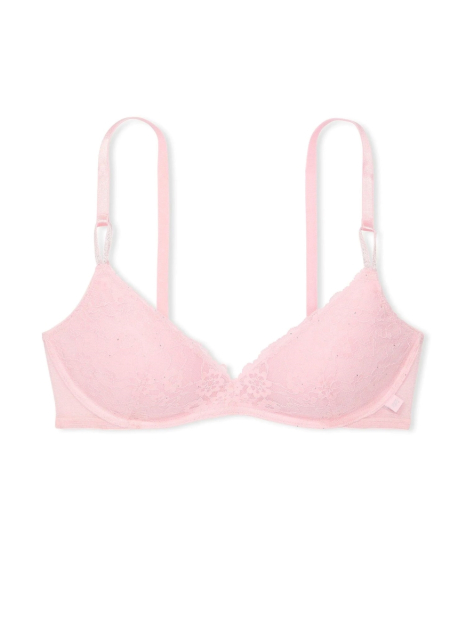 Шикарный кружевной комплект белья Victoria's Secret бюст Push-Up с мини-пайетками и трусики тонг 1159842791 (Розовый 38B/L)