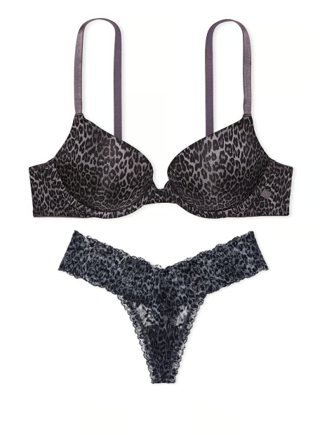 Комплект белья Victoria's Secret бюст Push Up и кружевные трусики тонг 1159844338 (Леопардовый 40D/XL)