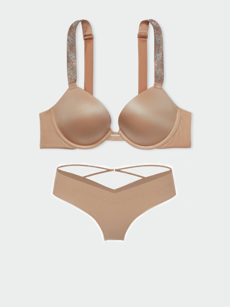 Гладкий комплект белья  Victoria's Secret лиф Push-up со стразами и трусики тонг 1159844837 (Бежевый 34A/S)