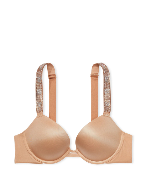 Гладкий комплект белья  Victoria's Secret лиф Push-up со стразами и трусики тонг 1159844837 (Бежевый 34A/S)