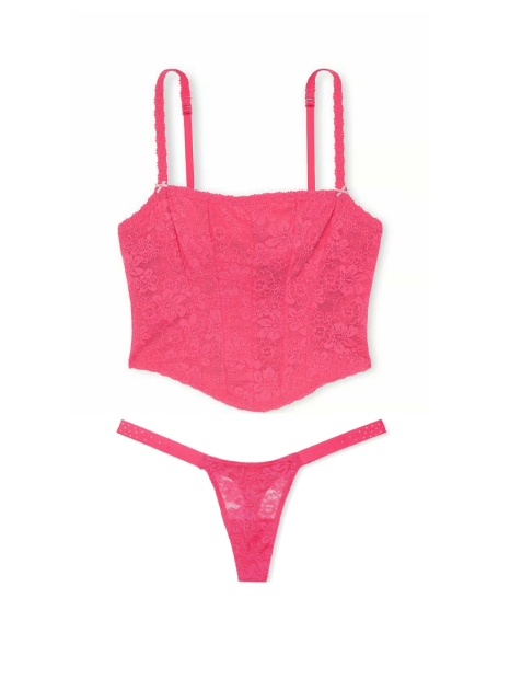 Кружевной комплект белья Victoria's Secret Pink корсетный топ и трусики тонг со стразами 1159846726 (Розовый XL)