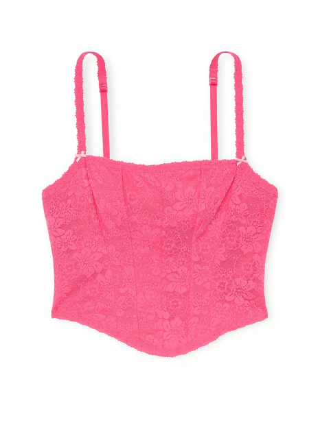 Кружевной комплект белья Victoria's Secret Pink корсетный топ и трусики тонг со стразами 1159846726 (Розовый XL)