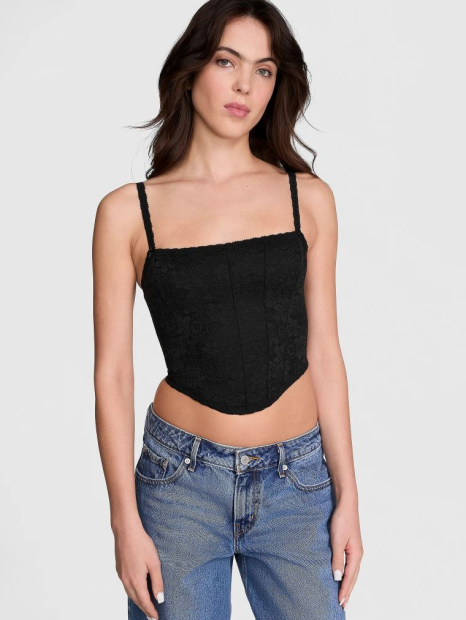 Мереживний комплект білизни Victoria's Secret Pink корсетний топ та трусики тонг 1159847289 (Чорний S)