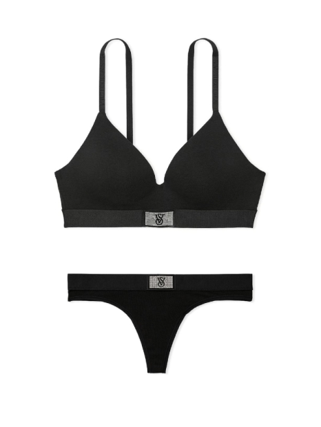 Жіночий комплект білизни зі стразами Victoria's Secret ліф та трусики тонг 1159847496 (Чорний 34A/S)