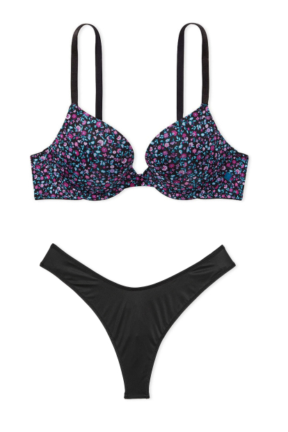 Комплект білизни Victoria's Secret погруддя Push Up та трусики тонг 1159848422 (Чорний 32B/XS)
