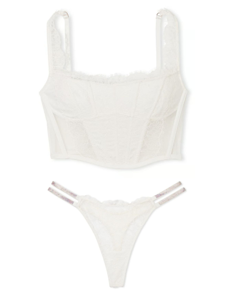 Кружевной комплект белья Victoria's Secret корсет и трусики тонг со стразами 1159849120 (Молочный M)