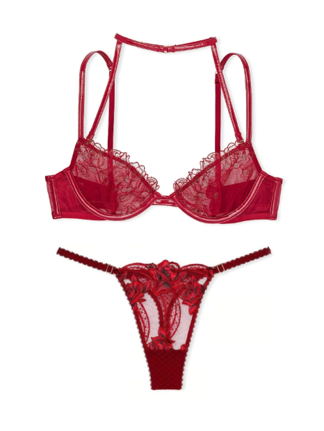 Комплект білизни з вишивкою Victoria's Secret ліф та трусики тонг 1159849311 (Червоний 36C/L)