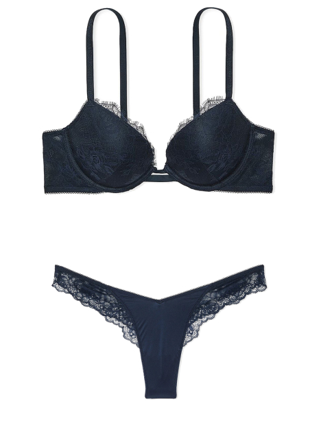 Комплект белья Victoria's Secret бюстгальтер Push-up и трусики тонг 1159849853 (Синий 34A/S)