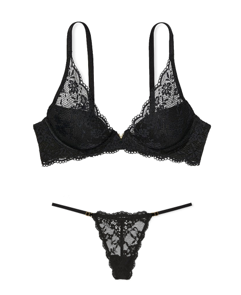Шикарный кружевной комплект белья Victoria's Secret бюст и трусики стринги 1159850416 (Черный 34DD/M)