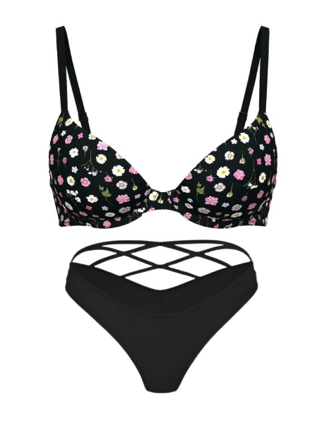 Гладкий комплект білизни Victoria's Secret погруддя з принтом та трусики танга 1159851243 (Чорний 34B/S)