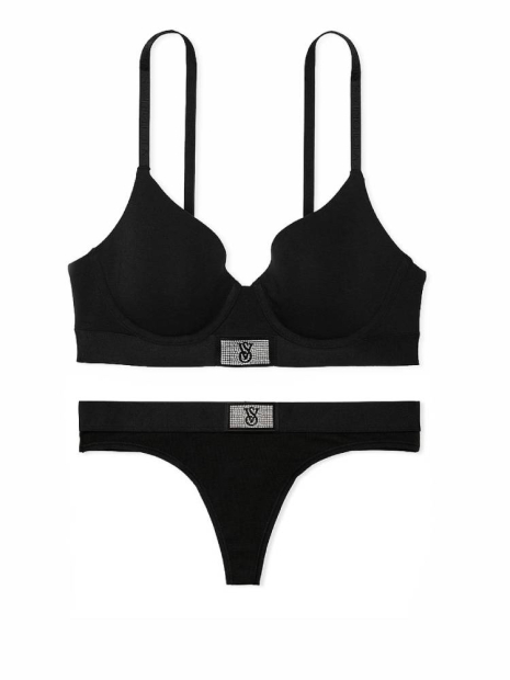 Женский комплект белья со стразами Victoria's Secret лиф и трусики тонг 1159851707 (Черный 40C/XL)