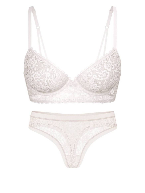 Кружевной комплект белья Victoria's Secret лиф и трусики тонг 1159852352 (Молочный 34C/S)