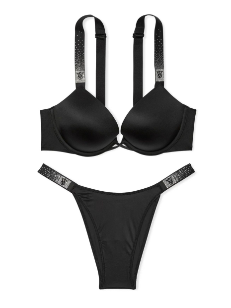 Комплект белья со стразами Victoria's Secret бюст Push-up и трусики бразильяны 1159852706 (Черный 34A/M)