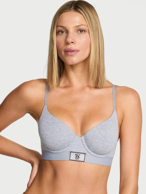 Женский комплект белья с логотипом из страз Victoria's Secret лиф и трусики шортики 1159853563 (Серый 36C/L)