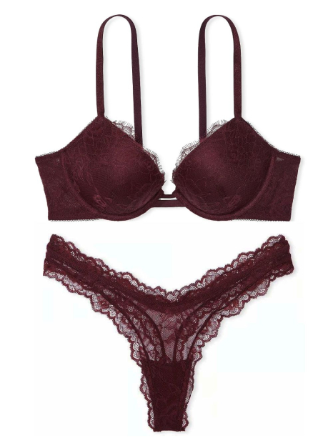 Мереживний комплект Victoria's Secret погруддя Push-Up та трусики тонг 1159854636 (Бордовий 34A/S)