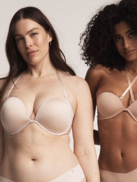 Гладкий комплект білизни Victoria's Secret ліф Push-up та трусики тонг 1159855287 (Бежевий 34B/S)