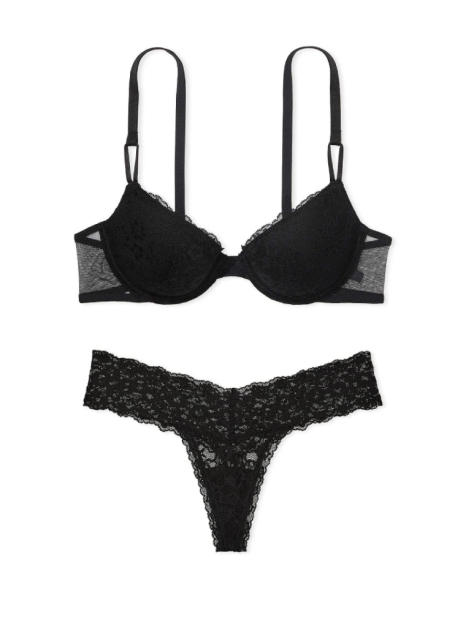Мереживний комплект Victoria's Secret бюстгальтер та трусики тонг 1159855295 (Чорний 34B/S)