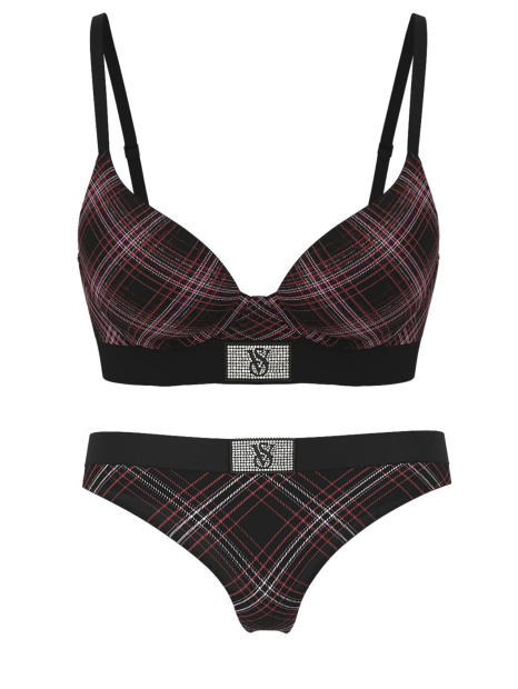 Жіночий комплект білизни зі стразами Victoria's Secret ліф та трусики тонг 1159856010 (Чорний 36B/M)