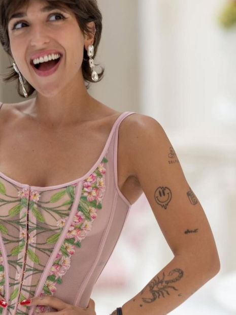 Комплект белья с вышивкой Victoria's Secret корсет и трусики тонг 1159856245 (Розовый XL)