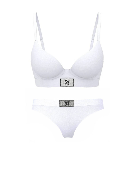Комплект белья со стразами Victoria's Secret бюст Push Up и трусики тонг 1159856374 (Белый 34B/S)