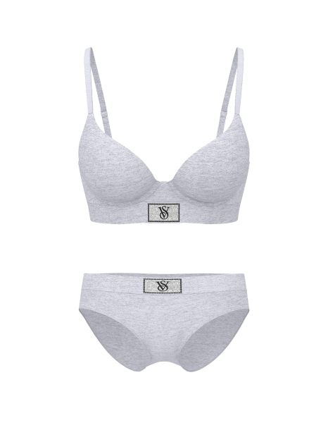Женский комплект белья с логотипом из страз Victoria's Secret лиф и трусики хипхаггеры 1159857119 (Серый 38B/XL)