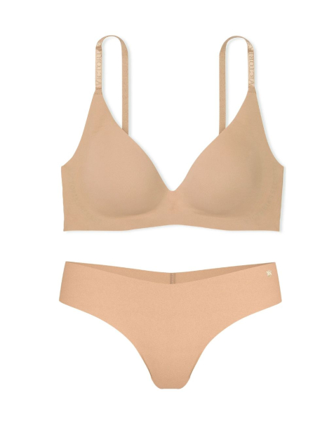Бесшовный комплект белья Victoria's Secret бюст Push-up и трусики тонг 1159857784 (Бежевый M)