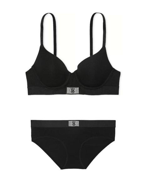 Женский комплект белья со стразами Victoria's Secret лиф и трусики хипхаггеры 1159857973 (Черный 36C/L)