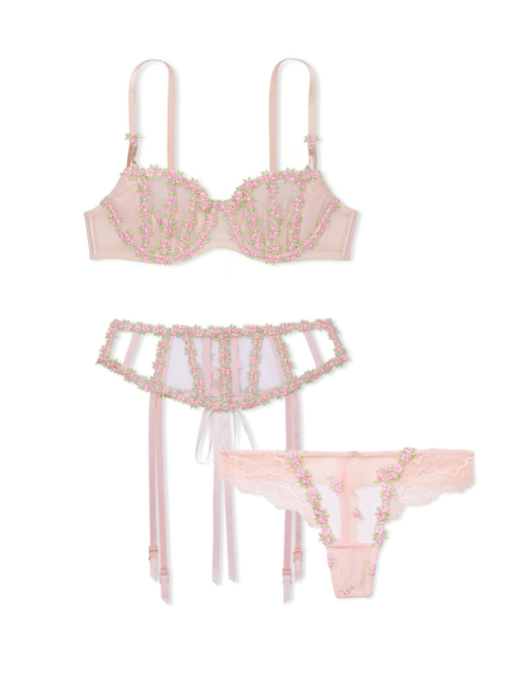 Комплект белья с вышивкой Victoria's Secret бюст-балконет, пояс для чулок и трусики тонг 1159858341 (Розовый 36DD/L)