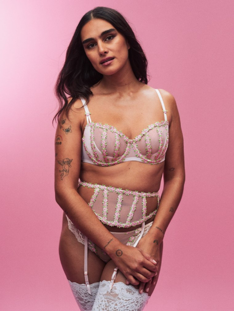 Комплект белья с вышивкой Victoria's Secret бюст-балконет, пояс для чулок и трусики тонг 1159858341 (Розовый 36DD/L)