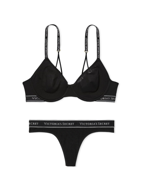Женский комплект белья Victoria's Secret лиф и трусики тонг 1159859104 (Черный 34C/M)